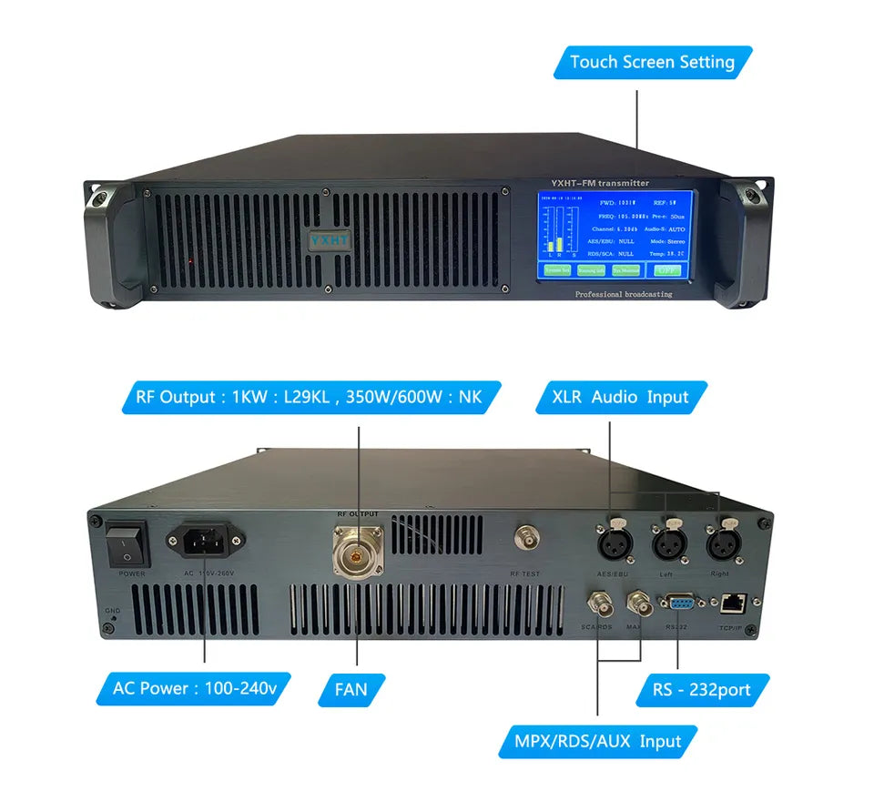 YXHT-2 600W FM Touch Screen Transmitter + 1-Bay Antenna + 30 Meters Cable with Connectors 3 Equipments