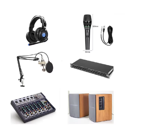 Radio Station Package: 6 channels channel mixer+ audio processor+ studio mic+ monitor speaker+ headphone+ mic stands+ bop cover