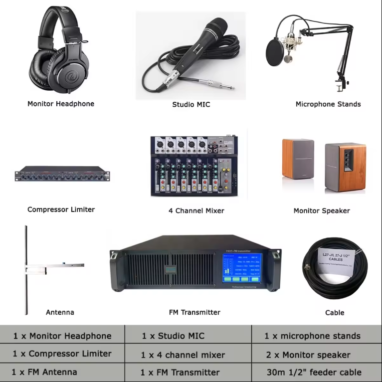 YXHT-2 1000W FM Transmitter 1-Bay Antenna 30 Meters Cable + 7 Studio Equipments Total 10 Pieces In Package for 1KW Radio Station