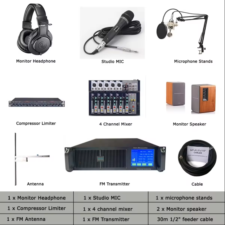 YXHT-2, 800W Radio Station Package: 800 Watts FM Transmitter 1-Bay Antenna 30 meters cable + 7 Studio Broadcast Equipments